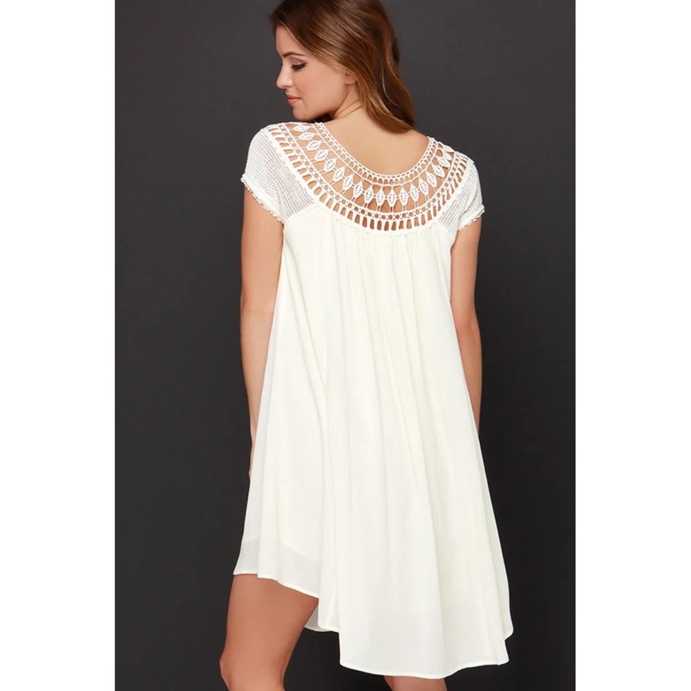 Free People Sundancer Crochet Yoke Crinkle Mini Dress Cream Boho Tunic Large